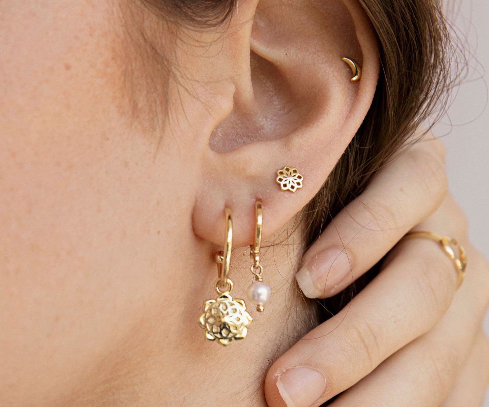 Lotus Flower Hoop Earrings Gold